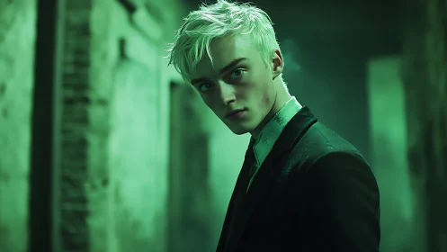 Brooding platinum-haired man stands in eerie green corridor