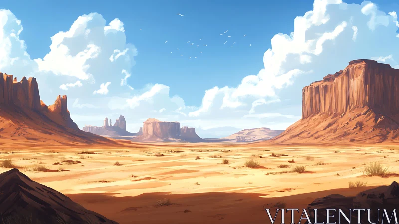 Desert plateau panorama under clear blue midday sky.