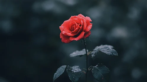 Crimson Rose with Dewdrops: Moody Botanical Portrait Study