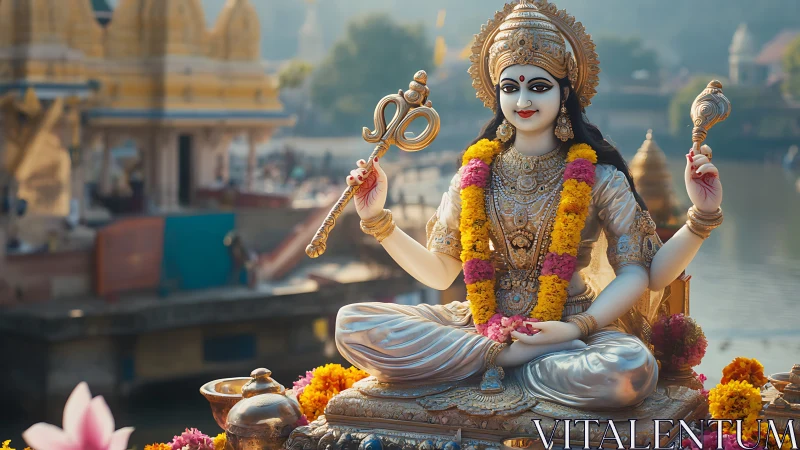 Silver river goddess smiles amid marigold garland constellations