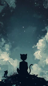 Feline Silhouette with Companion Observing Stellar Sky and Cumulus Cloud Formation