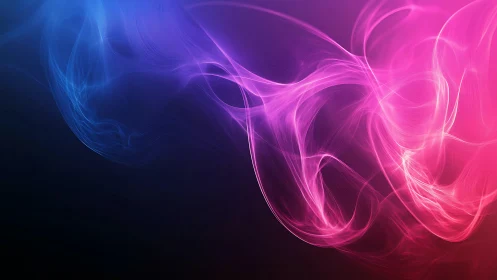 Neon blue and pink light waves on dark gradient background.
