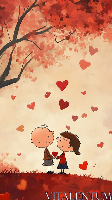 Two Hearts, One Tree: Love Blooms Beneath Crimson Canopy.