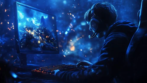 Focused gamer immersed in a neon blue fantasy battle world