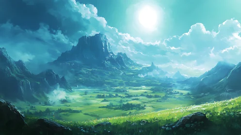 Sunlit emerald valley beneath towering azure peaks.