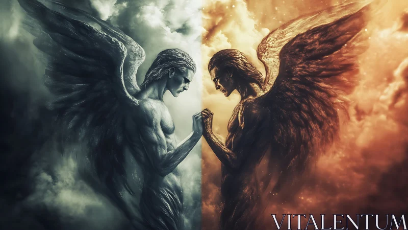 Opposing dark angels clash amid divided storm sky.