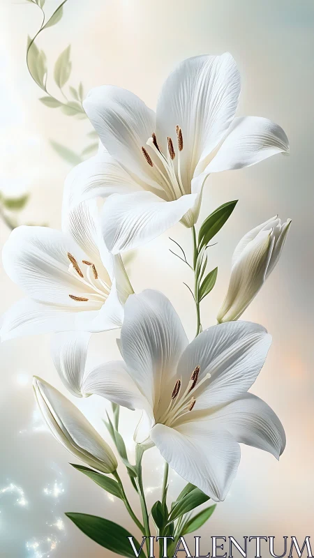 White Lilies with Extended Stamens Against Soft Luminous Background.