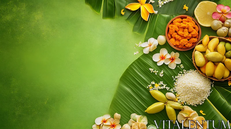 Traditional food ingredients arranged on green banana leaves