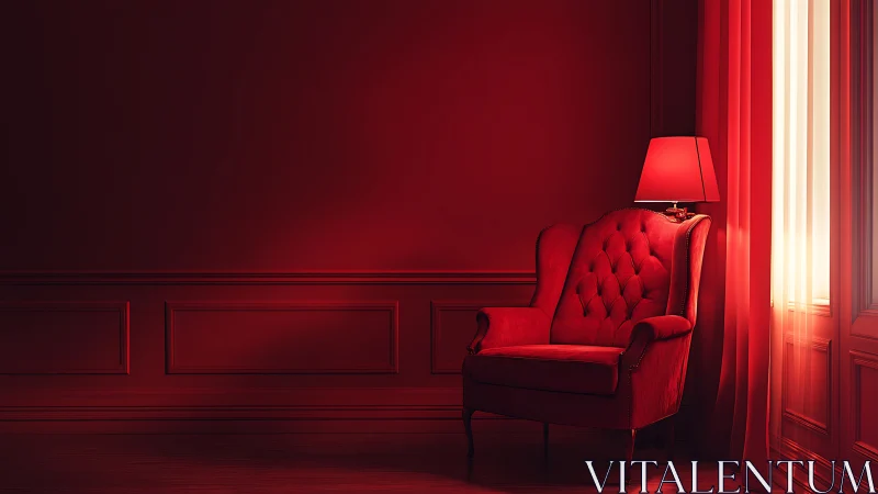 Monochromatic scarlet reading alcove with tufted wingback chair.