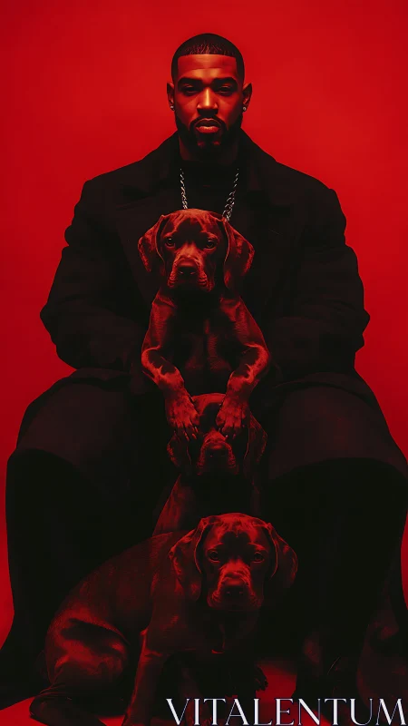 Confident man and three dogs share a bold red portrait moment