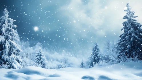 Snow covered forest clearing under heavy falling snow.