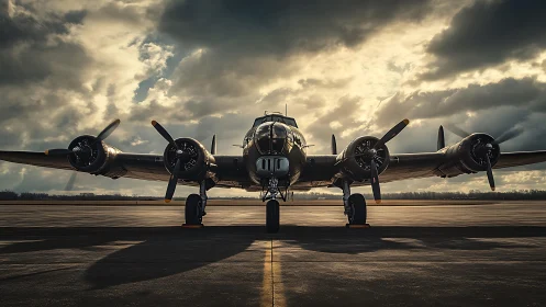 Front-view study of vintage four-engine bomber under storm light