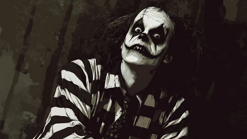 Sinister striped clown leans forward under murky forest light