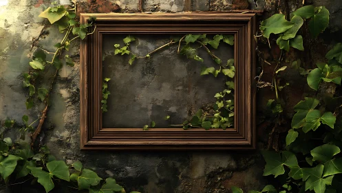 Empty wooden frame on ivy wall evokes quiet reclaimed beauty