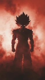 Shadow-charged warrior rising from a molten red storm.