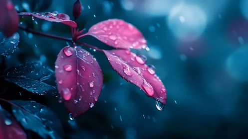 Macrophotographic crimson foliage with refractive raindrops.
