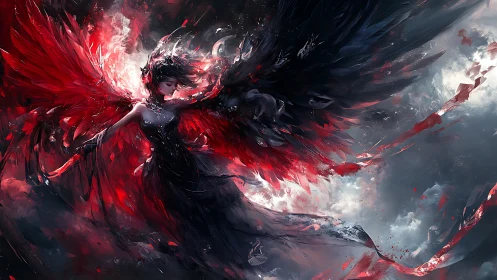 Fierce winged heroine rising in a storm of red and shadow.