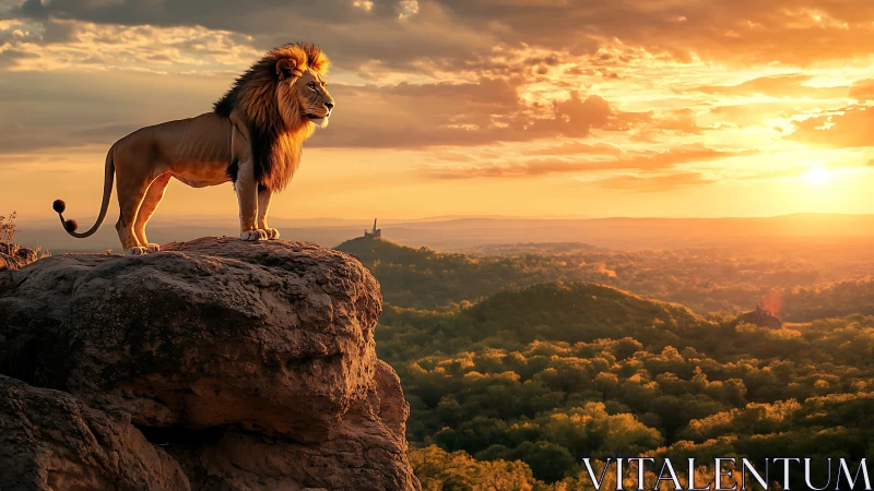 Regal lion surveying sunlit savanna from rugged cliff edge.
