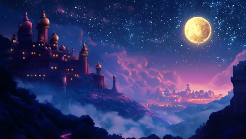 Moonlit sky palace above a misty glowing valley dream.