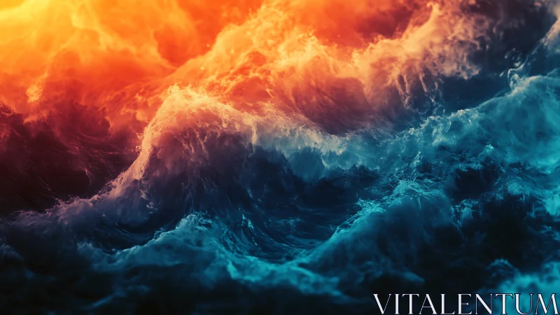 Fiery sunset waves colliding with deep cyan ocean surge.