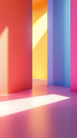 Colorful geometric hallway glows with soft abstract light