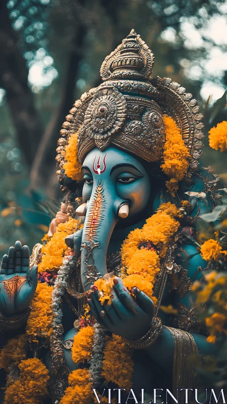 Ganesha statue stands garlanded with vivid marigold flowers