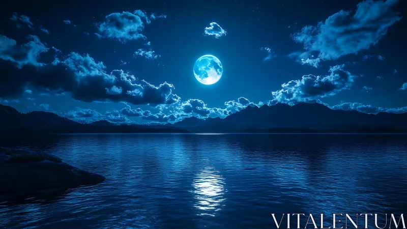 Moonlit lake mirrors deep blue night sky glow perfectly.