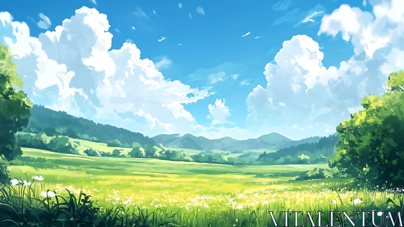 Digital landscape shows open meadow, distant hills and clouds