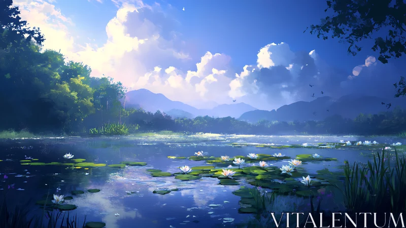 Sunlit lily pond extends toward misty mountains in digital panorama