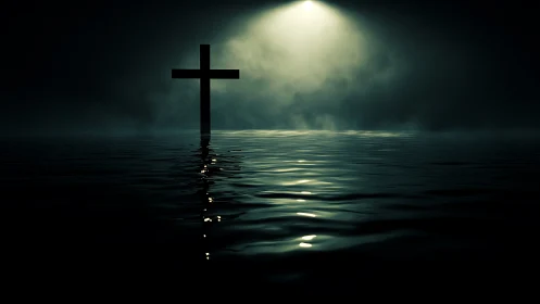 Dark seascape with lone cross under focused spotlight.