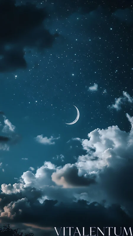 Crescent moon with scattered clouds under starry sky.