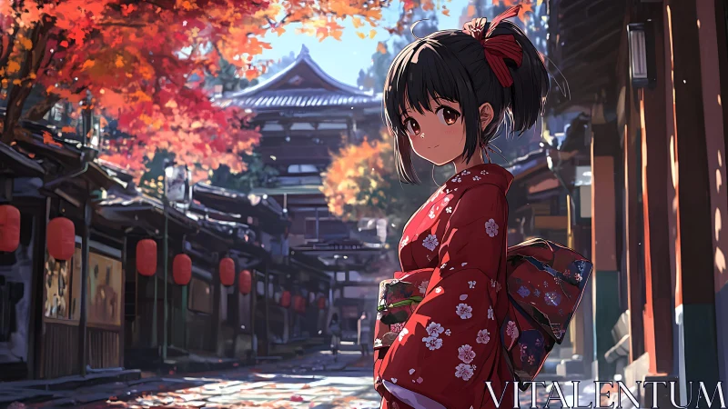Autumn light warmly follows a kimono girl through old streets