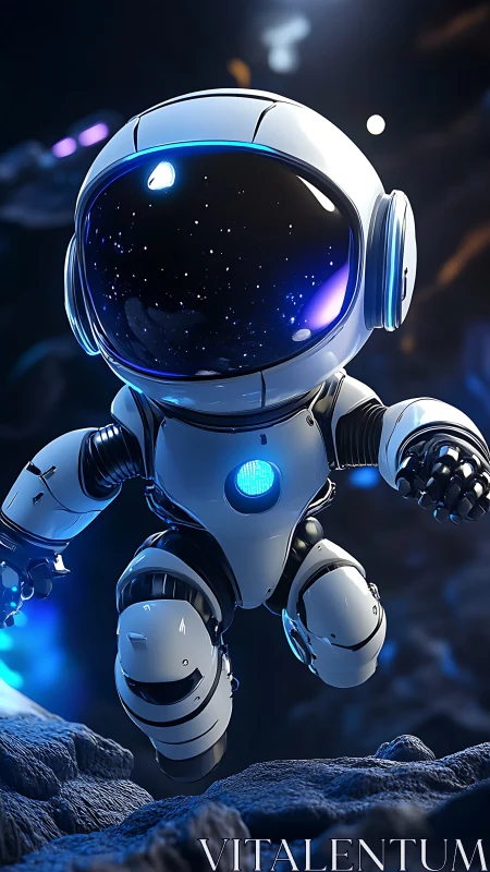 Compact robotic astronaut unit in illuminated rocky void.