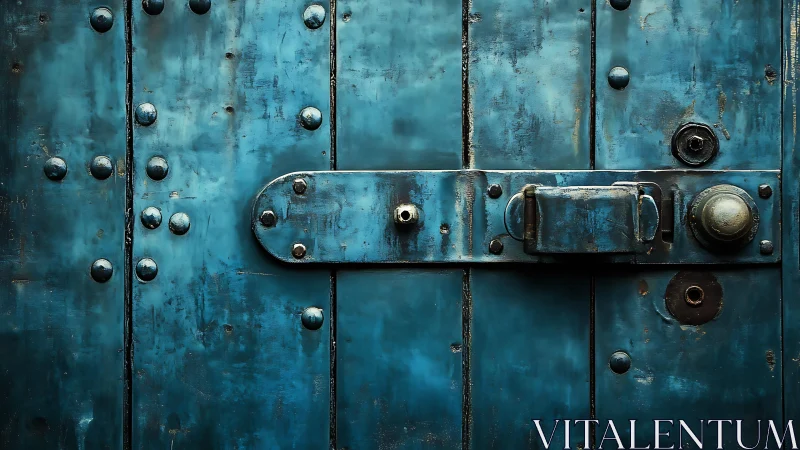 Weathered blue metal door with mystery latch and stories.