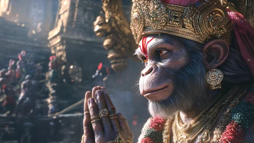 Divine monkey warrior prays amid ornate temple ruins.