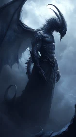 Winged humanoid creature stands in side profile in mist