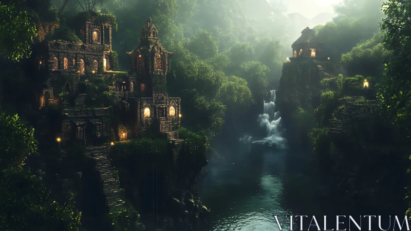 Ancient jungle temples glowing beside misty waterfall gorge.