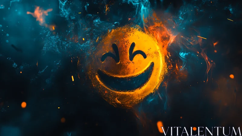 Smiling ember face glowing warmly in swirling cosmic smoke.