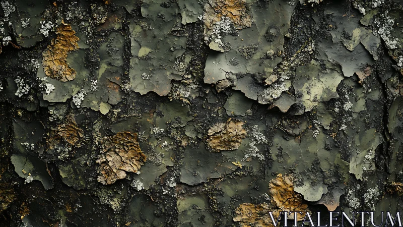 Weathered tree bark texture with mossy lichen layers.