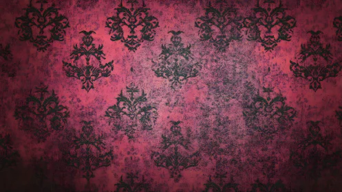 Distressed crimson damask wallpaper with dark baroque motifs.