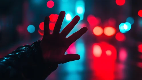 Outstretched hand reaches into glowing neon city lights