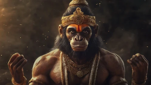 Simian warrior deity rendered in hyper-real digital chiaroscuro.