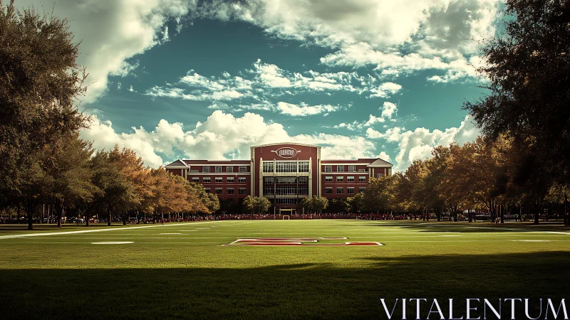 Red brick campus building facing open athletic field.