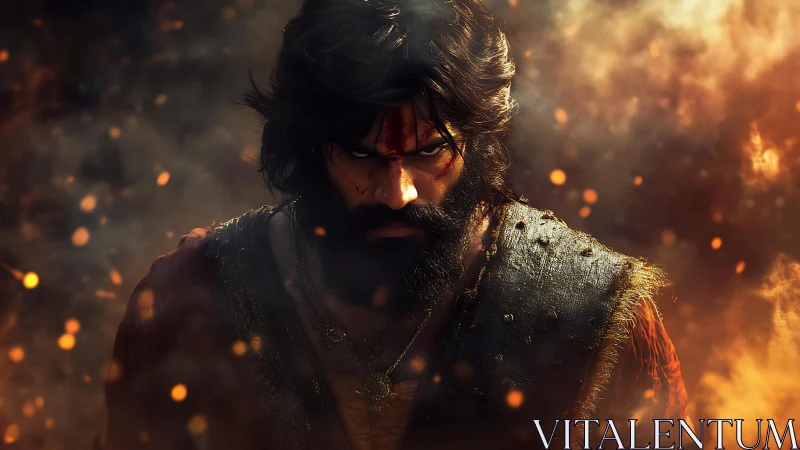 Brooding warrior amid burning embers and drifting smoke.