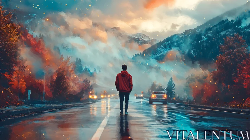 Solitary figure stands on wet mountain road at dusk