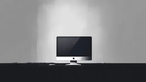 Minimalist desktop computer isolated in grayscale space.
