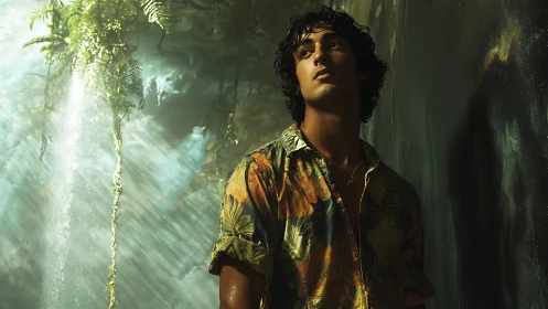 Tropical-shirted man in moody rainforest shaft of light.