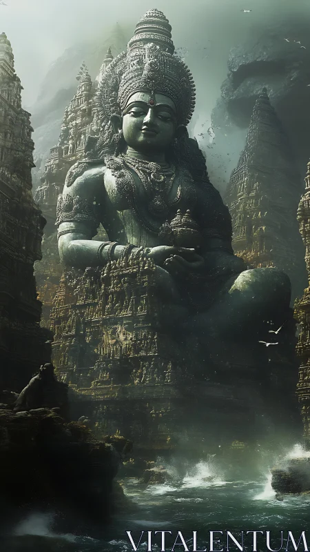 Colossal stone deity amid eroded sea temple cliffs.