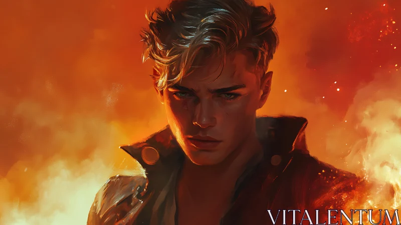 Young man with intense gaze stands amid surrounding fire