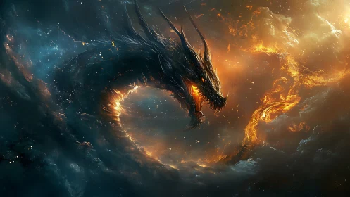 Cosmic serpent-shaped dragon amid swirling fire clouds.